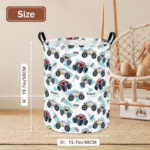 Image of Monster Truck Fabric Storage Bin Nursery Organizer Basket | Organizer Bin Dirty Clothes Collapsible Waterproof for College Dorms, Boys and Girls Bedroom,Bathroom