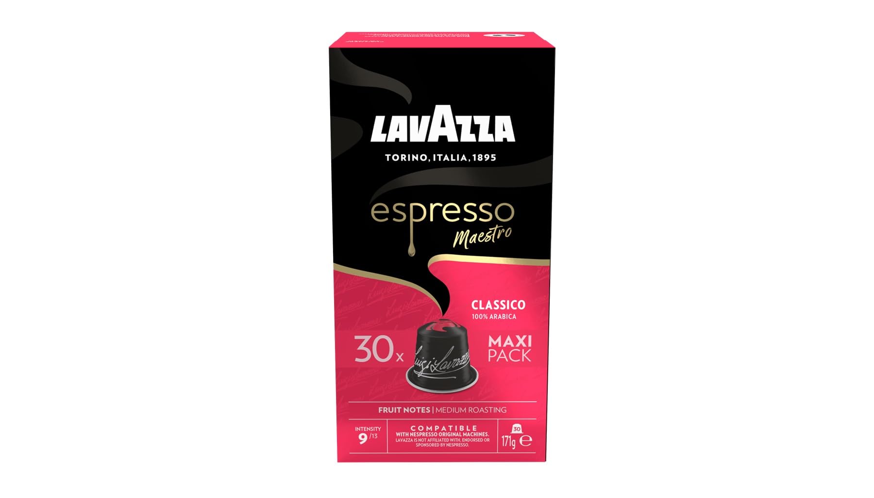 Lavazza, Espresso Maestro Classico, 30 Cápsulas de Café Compatibles con las Máquinas Nespresso* Original, con Notas Aromáticas de Cereales y Galletas, 100% Arábica, Intensidad 9, Tueste Medio-Oscuro