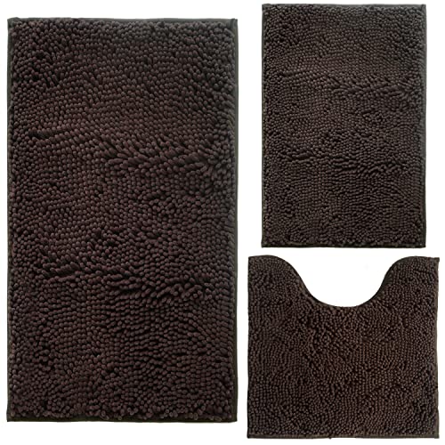 Image of Bathroom Rugs Chenille 3-Piece Extra Soft and Absorbent Shag Bathroom Rugs, Machine Wash Mat, Strong PVC Non-Slip Underside, Plush Carpet Mats (Coffee)