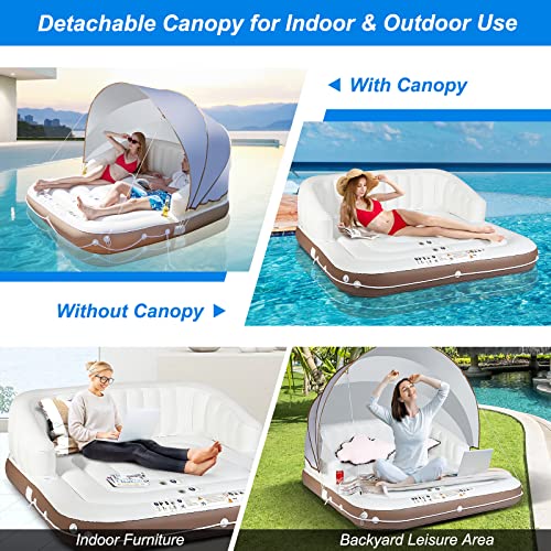 Image of S AFSTAR 2-3 Person Inflatable Pool Float, 71 inchx71 inch Giant Inflatable Island Bed with UPF50 Retractable Canopy & Built-in Cup Holder, Load 440LBS, Blow-up Floating Lounge Island for Pool Lake Beach
