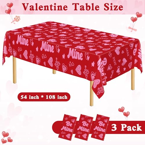 Image of QZYL 3 Pcs Valentines Decorations, 108 inch X 54 inch Plastic Valentines Tablecloth, Disposable Love Tablecloth, Pink Table Cloth Rectangle Valentine's Party Favors, Heart Table Cover for Love Wedding Party