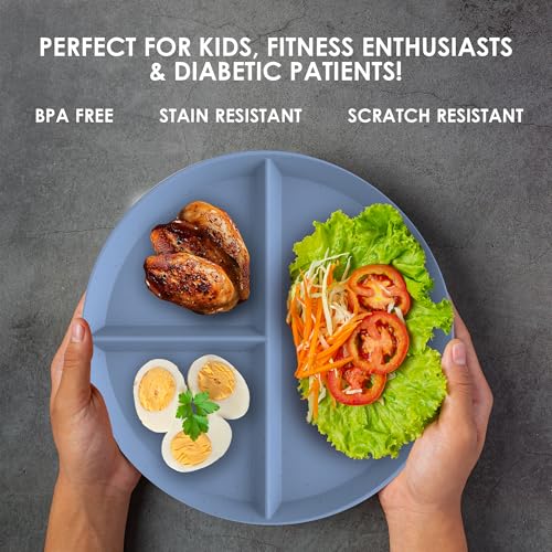 DINETHICS Portion Control Plate (1Pc 9\") Unbreakable Divided Plate for Adults - Dishwasher Safe Microwavable Section Plates - Reusable Food Portion Plate - Portion Plates For Weight Loss Adults - Blue - Thumbnail 6