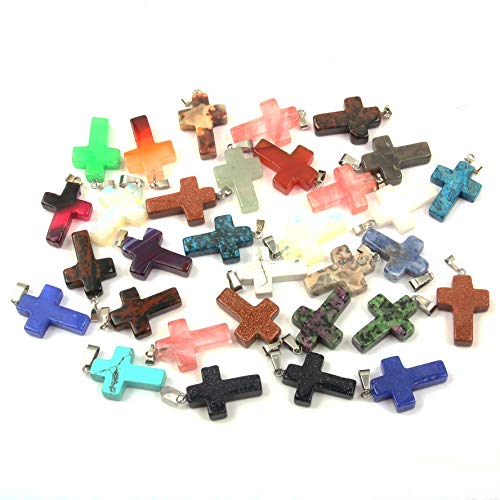 Wholesale 20 Pcs Natural Stone Pendants Charms, Cross Shape Crystal Gemstone Pendant Healing Chakra Quartz Charms for DIY Necklace Jewelry Making 18x25mm ( Assorted Color)