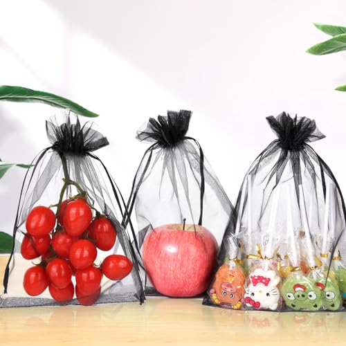 Image of Hopttreely 100pcs Sheer Organza Gift Bags, 6X9 Inch Black Mesh Drawstring Pouch for Wedding Party Favor Jewelry Gift Bags