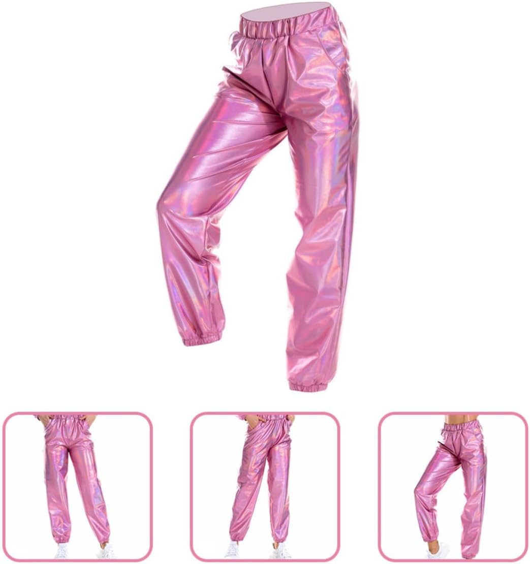 High Waist Pink Metallic Pants for Women, Casual Stylish Rave Costume with Stretchy Polyester Spandex Fabric, for Daily Wearing and Birthday Party