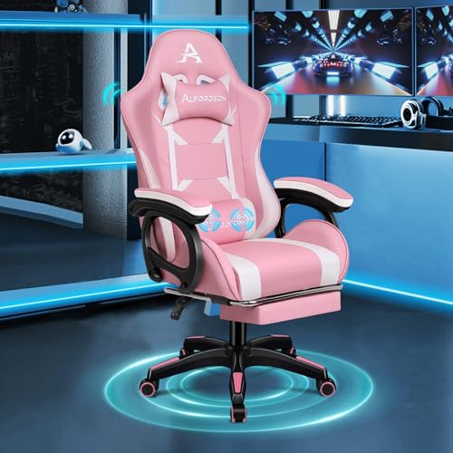 ALFORDSON Gamingstuhl, Bürostuhl, mit 2-Punkt-Massage, Fußstütze, Kopfstütze und Lendenkissen, 150° verstellbare Rückenlehne, PU-Leder, Rosa