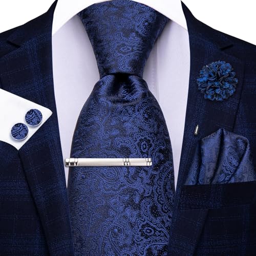 Image of Hi-Tie Paisley Mens Navy Blue Ties Silk Neckties and Pocket Square Lapel Pin Silver Tie Clip Cufflinks Set Wedding Business 6PCS