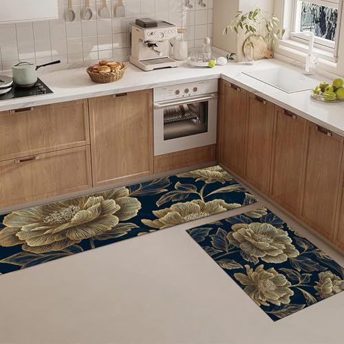 Alfombras de cocina azul oscuro florales lavables de 44×70 y 44×120 para dormitorio y pasillo 5