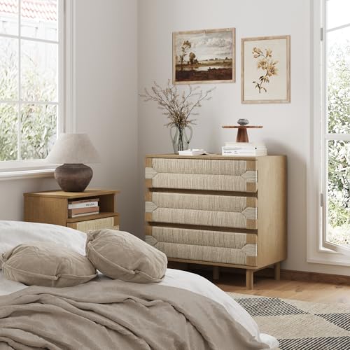 Image of Nathan James Beacon 3 Drawer, Light Brown Boho, Bohemian Woven Seagrass Storage Cabinet for Living Room