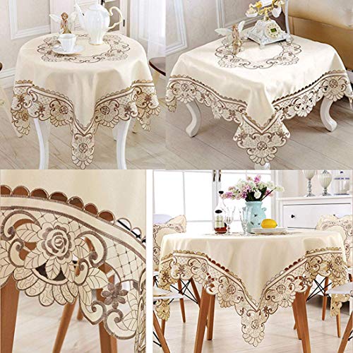 Lelehome Brown Flower Embroidered Lace Cream Beige Square Tablecloth, Vintage Classic Dining Table Cloth Wrinkle Free Table Cover 57 Inch X 57 Inch Party #TOP3