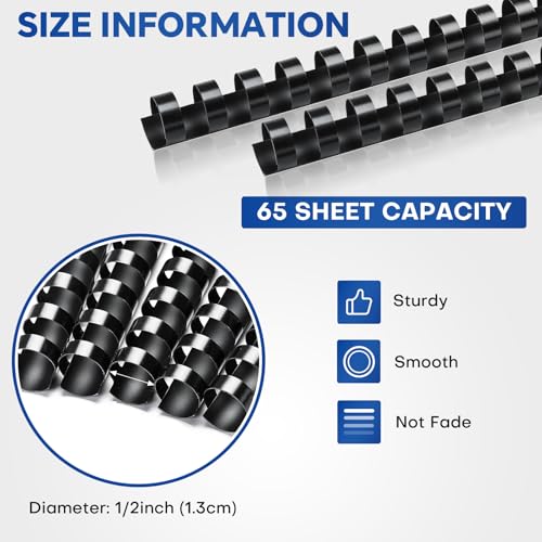 MYFULLY 100 Pack 21 Ring Plastic Comb Binding Spines | 1/2 Inch Diameter, 65 Sheet Capacity, A4, Black Binding Comb (1/2\" (65 Sheet Capacity)) - Thumbnail 2