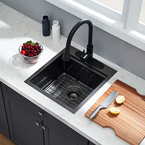 Ecochannels Kitchen Sink, 17 X 19 Inch Drop In Bar Sink Gunmetal Black Stainless Steel Workstation Sink Topmount Kitchen Sink Single Bowl With Cutting Board #TOP1