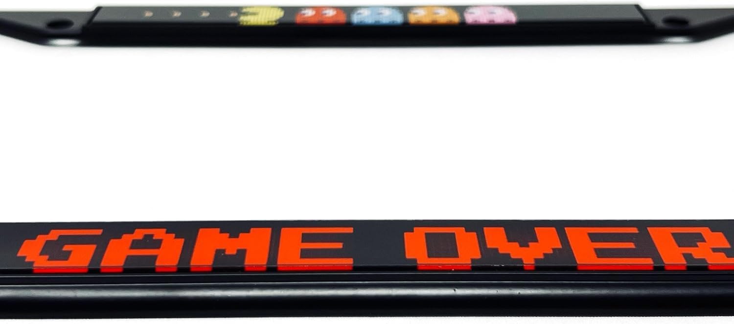 Pac-Man with Ghosts & Game Over Acrylic Inlaid Black Carbon Steel License Plate Frame 4-Hole - Official Licensed Product
