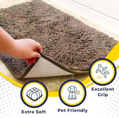 Image of Muddy Mat | Super Water Absorbent Door Mat Indoor, Microfiber Quick Dry Chenille Entryway Rug, Slip Resistant Front Door Mat, Indoor Mats for Entryway, Machine Washable Pet Rug, Taupe 24 inch x 120 inch