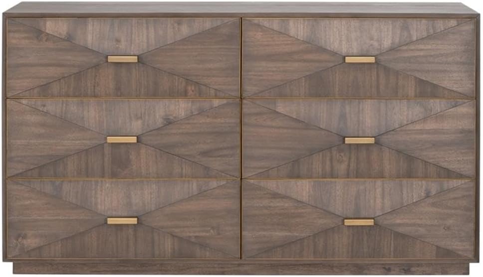 Pemberly Row Contemporary 6-Drawer Acacia Wood Dresser, Burnished Brown Finish, Brushed Gold Accents, 3D Drawer Fronts, Felt-Lined Top Drawers, Double Dresser for Bedroom Storage, 36"H x 64"W x 20"D