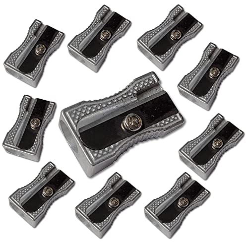 Single Hole Metal Pencil Sharpener Value Pack of 10 – One Hole Wedge Shape Aluminium Sharpener. Ideal for Office and School Classroom – by Essential Arts