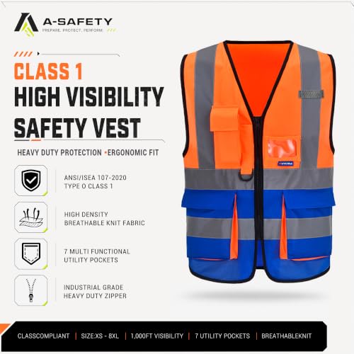 Image of A-SAFETY High Visibility Reflective Vest, Mic Tabs, Zipper, Orange /Blue, M