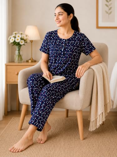 Image of KIAWAH Women Printed Night Suit Set, Cotton Blend Night Suit, A-Line Top and Pajama Set, Soft and Breathable Night Wear