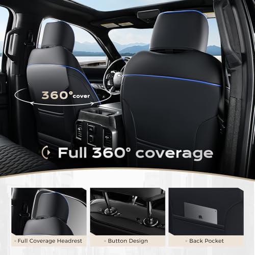 Image of Coverado Full Set Leather Car Seat Covers for F150,Waterproof Automotive Seat Covers for Cars,SUVs,Pickup Trucks,Compatible with 2015-2026 F150 SuperCrew,2017-2026 F250 F350 F450 Crew Cab, Blue Line