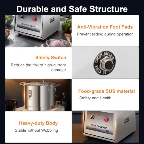 Image of 15L Commercial Stainless Steel Food Processor, 1400W Electric Vegetable Cutter Heavy-Duty Veggie Chopper with S-Shaped Blade for Chopping Vegetable, Fruit, Bread & Meat