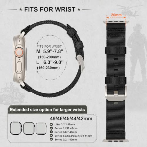 Image of Tactical Nylon Bands for Apple Watch Ultra 3 2 Band Series 11-1 /SE Men | Rugged Breathable Fabric, Nato Adjustable Sport Strap with Reinforced Connector for iWatch Ultra 49mm 46mm 45mm 44mm 42mm L