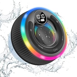 Bluetooth Speaker, HD Stereo Sound Shower Speaker, IPX7 Waterproof, Digital Display Portable with Suction Cup, LED Light, Small Wireless for Outdoor Party Beach Bathroom, Black