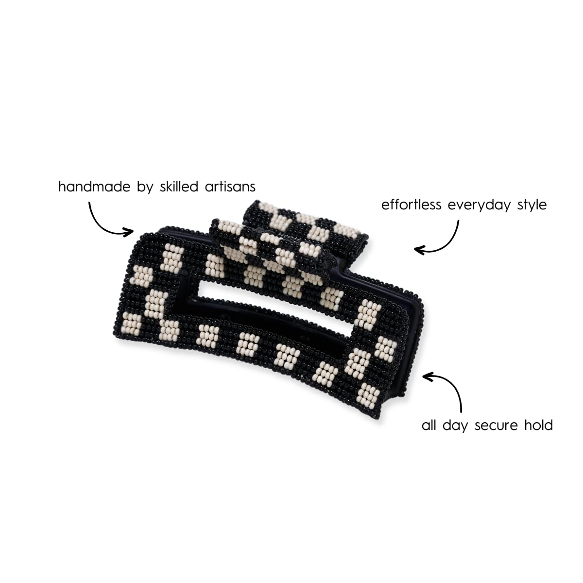 INK+ALLOY Beaded Hair Clips, Lola Large Statement Boho Cute Claw Clips for Women, Secure Hold for Thin & Thick Hair, Handmade Accessories for the Modern Bohemian, 3.5-Inches (Black & White Checkered)