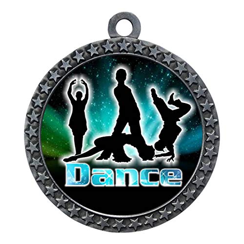 10 Pack of Modern Dance Silver 2.25 Inch Medals Trophy Awards with Red White Blue Neck Ribbons D212S-FCL461-10PK