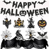 Halloween Deko Set XXL - Gruselig Dekostoff Tuch Glitzer Happy Halloween Girlande, Spiralen Deckendeko, Horror Deko