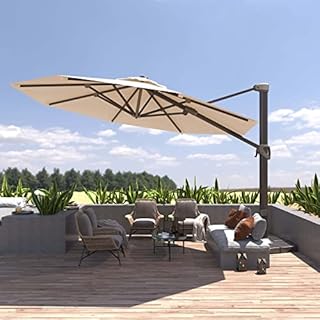 BLUU REDWOOD 11 FT Patio Umbrella Offset Cantilever Outdoor Umbrella Aluminum Market Hanging Umbrellas with 360° Rotation Device and Unlimited Tilting System & Cross Base (Beige)