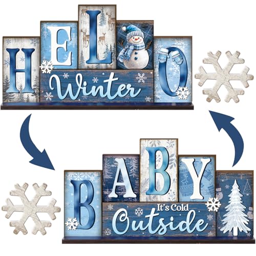 Thyle 3 Pcs Winter Wooden Table Decor Reversible Hello Winter Baby It's Cold Outside Centerpiece Double Side Snowflake Blocks Sign Farmhouse Christmas Decor for Tabletop Home Office Desk Shelf