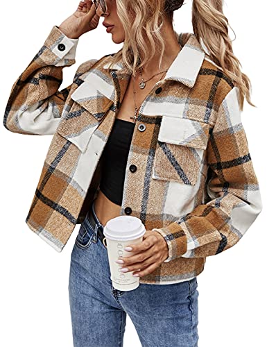 UANEO Womens Cropped Plaid Shacket Button Down Short Flannel Shirt Jacket with Pockets (Khaki-S)