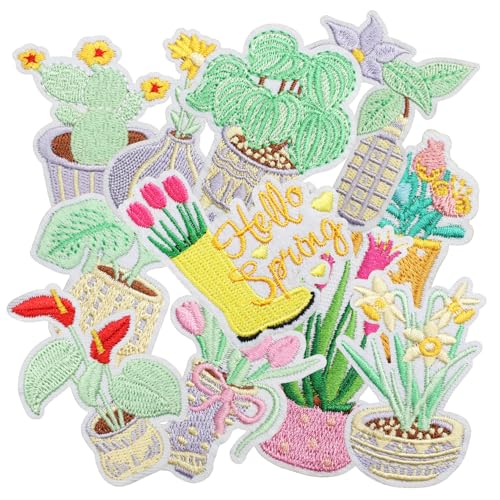 Nicime 12pcs Potted Plant Iron/Sew on Patches, Cute Spring Flower Embroidered Applique, Fashion Decoration for Clothes, Hat, Bag, Dress, Shirt, Jeans