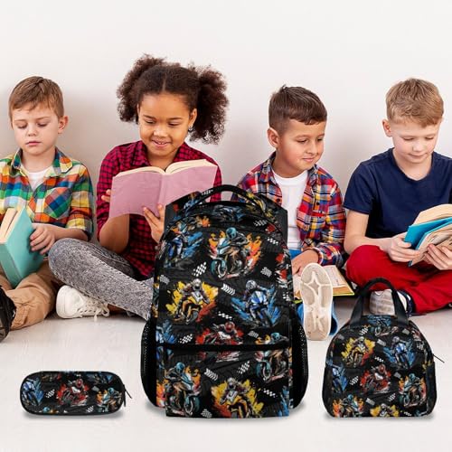 Image of Kids Backpack Set - Motorcycle Backpacks for Boys - 3Pcs Toddler Bookbag with Lunch Box Pencil Case - Boys School Bag for Kindergarten /Preschool /Elementary (17 Inch)