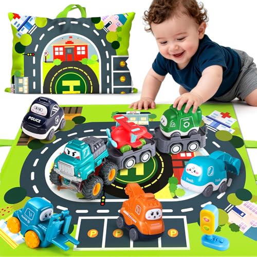 Image of Big Cartoon Truck Car Toys for 1 Year Old Boy with Playmat/Storage Bag|Baby and Toddler Toys 12-18 Months & Age 1-2 with Trailor|1st Birthday Gift for 1 2 Year Old Boy