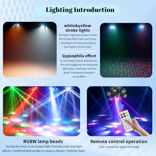 MINGJIE 6 Arm Moving Head DJ Lights,150W RGBW LED Stage Lighting with Strobe & Bee-Eye Effect, Red/Green Starry, DMX512, Remote Control,Sound Activated,540° Rotation for Party, Clubs, Disco (Gen I)