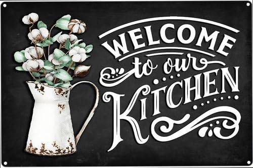 Horienteeon Kitchen Wall Decor Welcome To Our Kitchen Sign 30x40cm Aluminum Farmhouse Wall Decor for Home Dining Living Room Bar Cafe