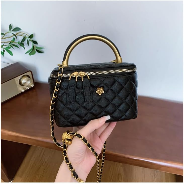 Quilted Leather Crossbody Bag with Chain Strap Women's Top Handle Bucket Square Box Bag for Women - Image 6