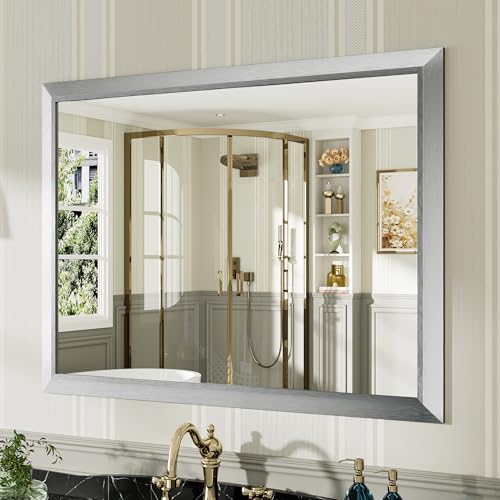 Image of 40x30 Inch Brushed Silver Bathroom Mirror for Wall, Thick Metal Framed Rectangle Mirrors for Over Sink, Bedroom, Living Room, Entryway, Anti-Rust, HD Tempered Glass