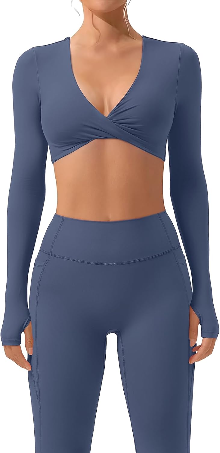 SUUKSESS Women 2 Piece Workout Sets Long Sleeve Twist Deep V Crop Padded Tops Yoga Leggings with Side Pockets - Image 2
