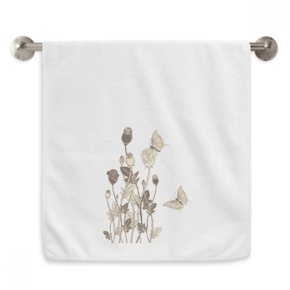 Serviette débarbouillette blanche 13x29 pouces motif plante papillon et fleur rose