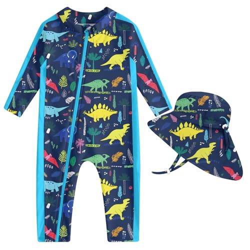 Image of UNIFACO Infant Rashguard 3-6 Months Baby Boy Bathing Suit Swimsuit One Piece Sunsuit with Sun Hat Beach Wear