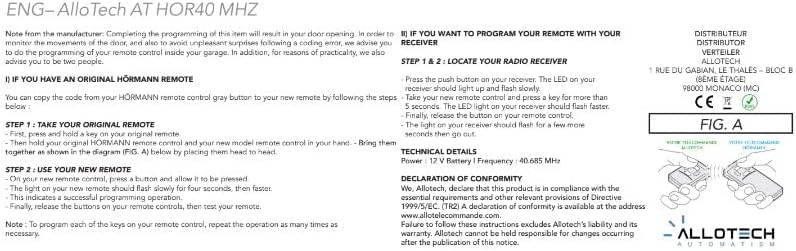 Programming instructions diagram for Allotech HOR 40 remote control
