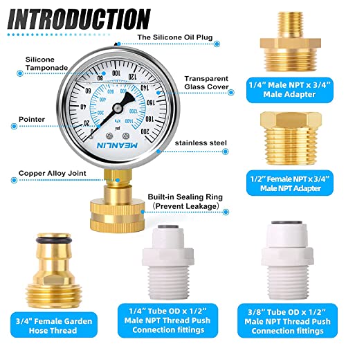 Image of MEANLIN MEASURE 0~200Psi Stainless Steel Frame 3 /4 inch Female Liquid Filled Pressure Gauge kit Plus 5 adapters, 2.5 inch FACE DIAL Multi-Purpose Pressure Gauge kit, Suitable for Gardens, Water Pipes, etc
