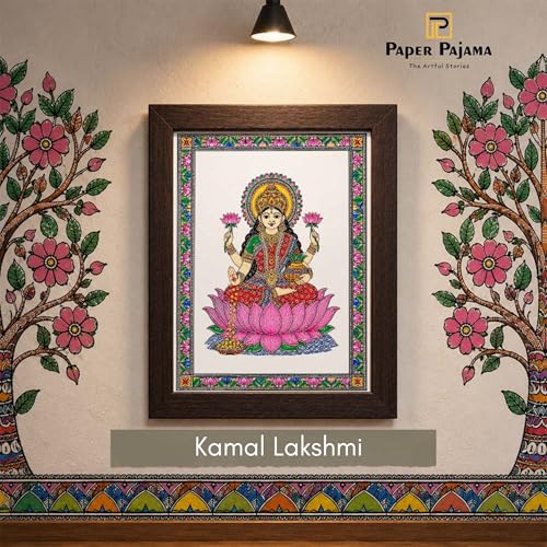 Image of PAPER PAJAMA Goddess Lakshmi Vastu Wall Art for Living Room | Madhubani Lakshmi Mata Painting on Lotus | Traditional Mithila Religious Framed Decor for Home, Office & Pooja Room (10x13 Inches)