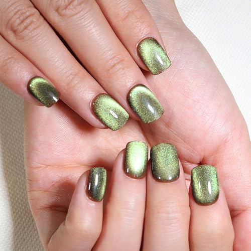 evpct Light Green Cat Eye Extra Short Press on Nails Square, Peti...