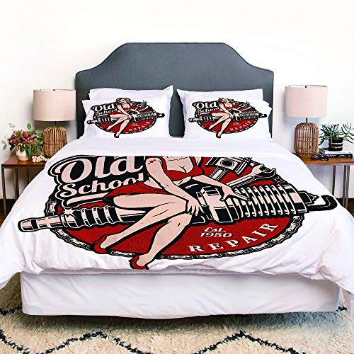 not Edredón- Ropa de Cama,Spark Plug Pin Up Girl Piston and Wrench Vintage Syle Color All Text Are Separate Layer Raster,Microfibra,edredón 1 edredón 240×260CM y 2 Fundas de Almohada 50×80CM