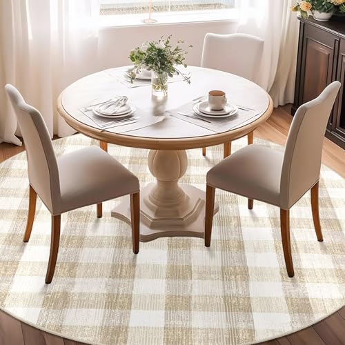 Image of Checkered Area Rug, 5 Ft, Round, Beige | Washable, Non Slip, Modern Neutral, For Living Room Bedroom Office Patio Dining Room