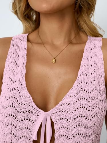Image of LILLUSORY Crochet Tops for Women Summer Vacation Outfits Beach Coverup Going Out Tie Front Spring Sweater Vest 2026 Fashion