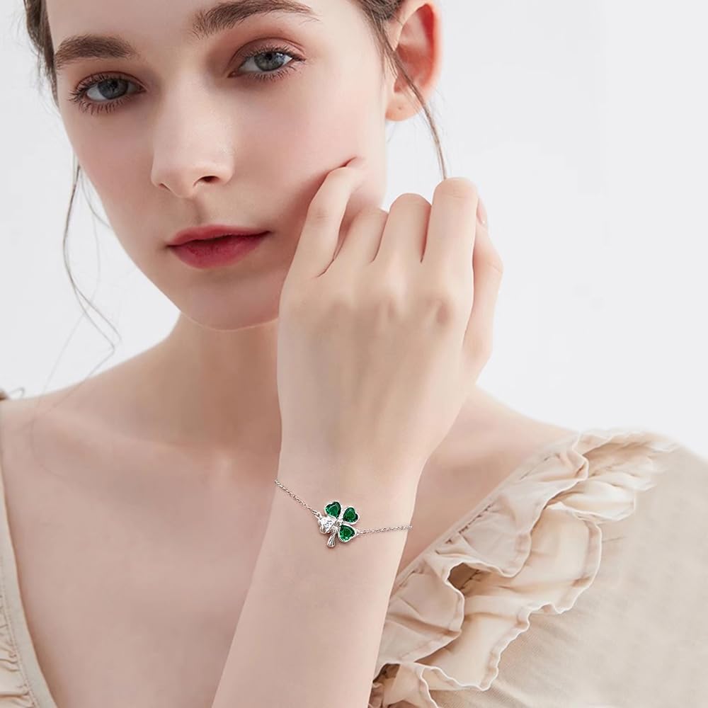NewZenro Green Crystal Clover Flower Chain Link Bracelet for Women Sterling Silver Plated Fashion Cute Delicate Heart CZ Lucky Floral Irish Bracelets Adjustable Trendy Jewelry for Her Bff 7.28+2.36" - Image 6